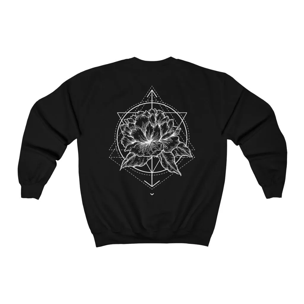 Peony Flower Geometric Tattoo Design "Floral Dynamics" Crewneck Sweatshirt