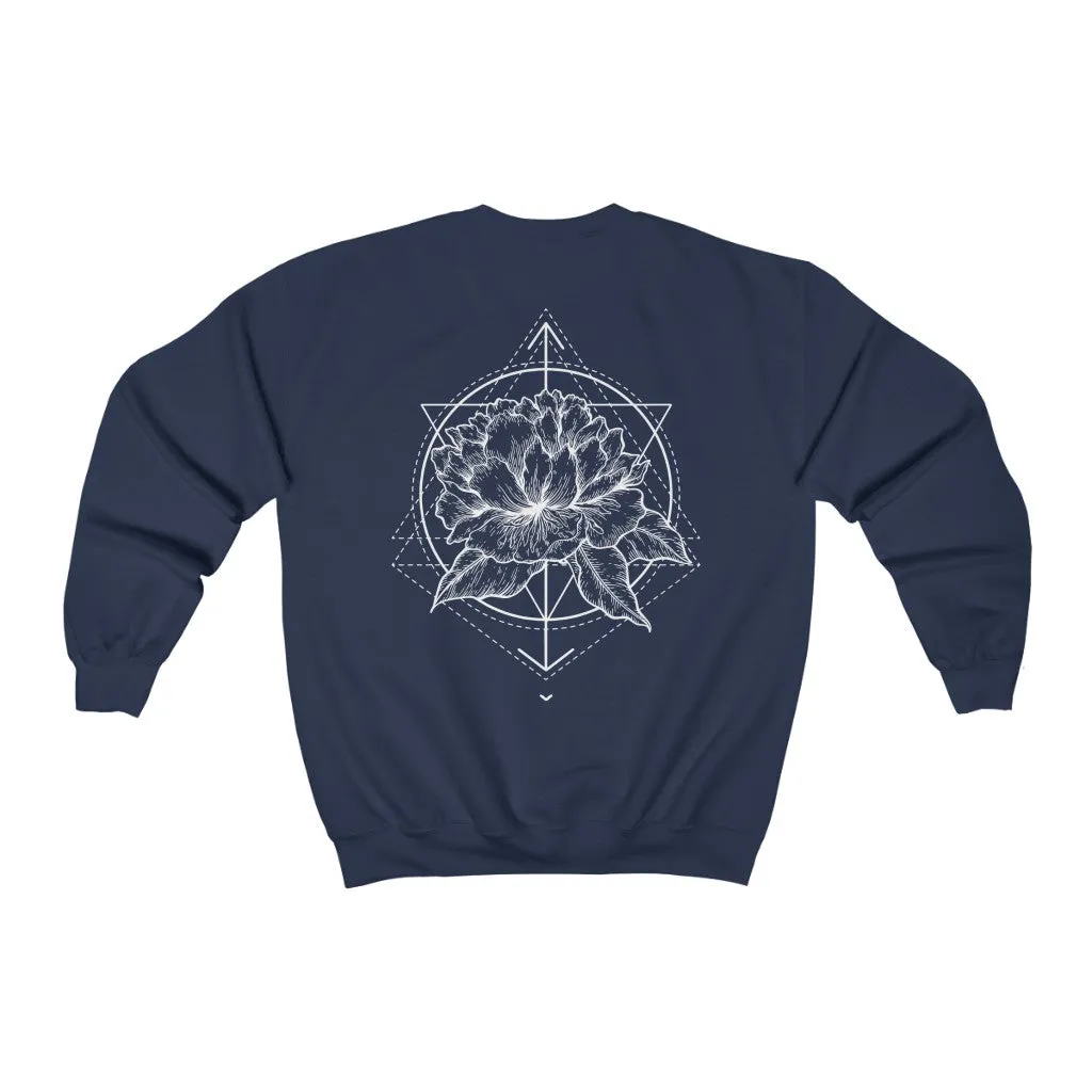 Peony Flower Geometric Tattoo Design "Floral Dynamics" Crewneck Sweatshirt