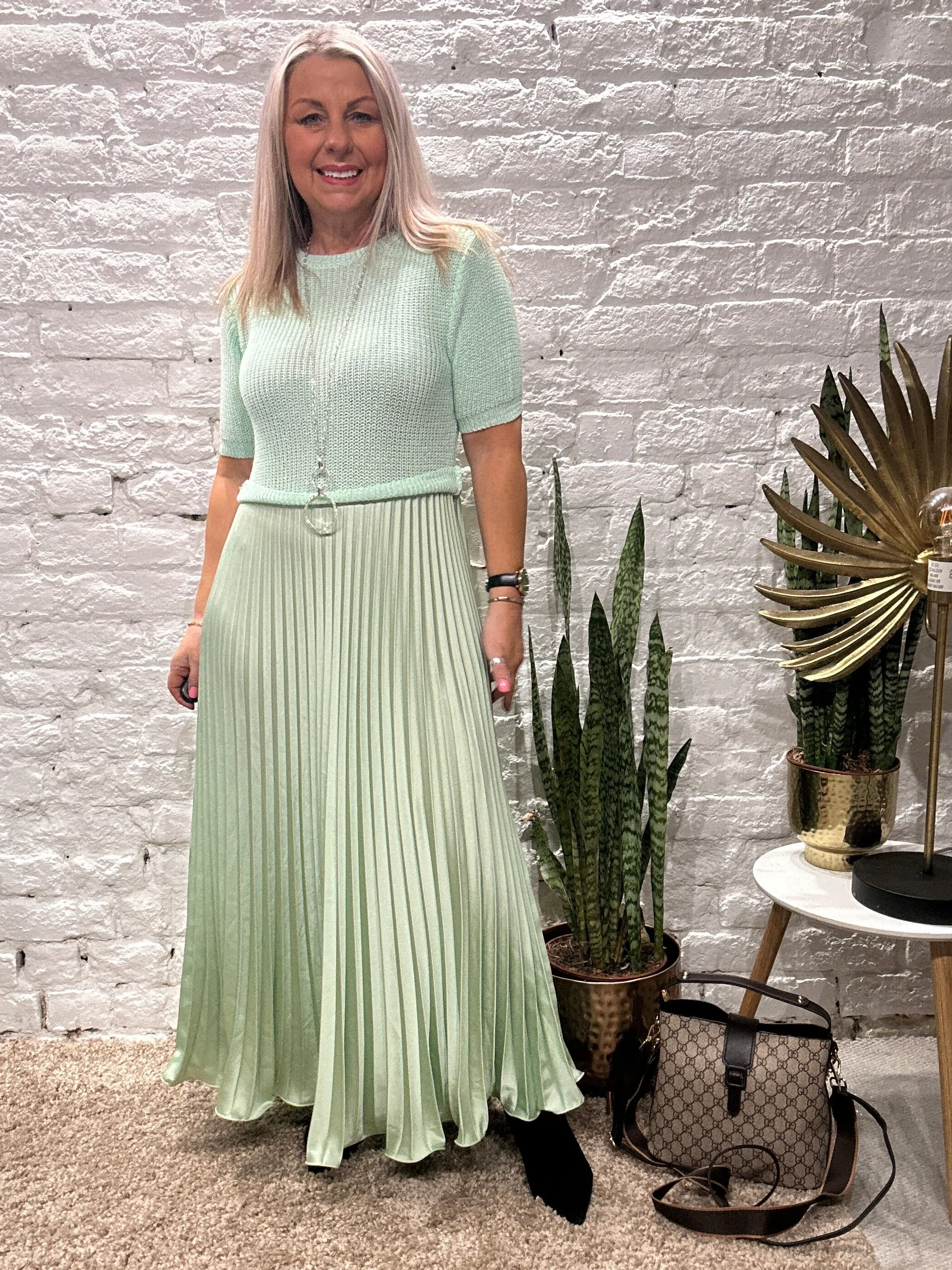 The Athena Short Sleeve Long Pleated Maxi Dress