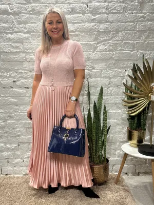The Athena Short Sleeve Long Pleated Maxi Dress