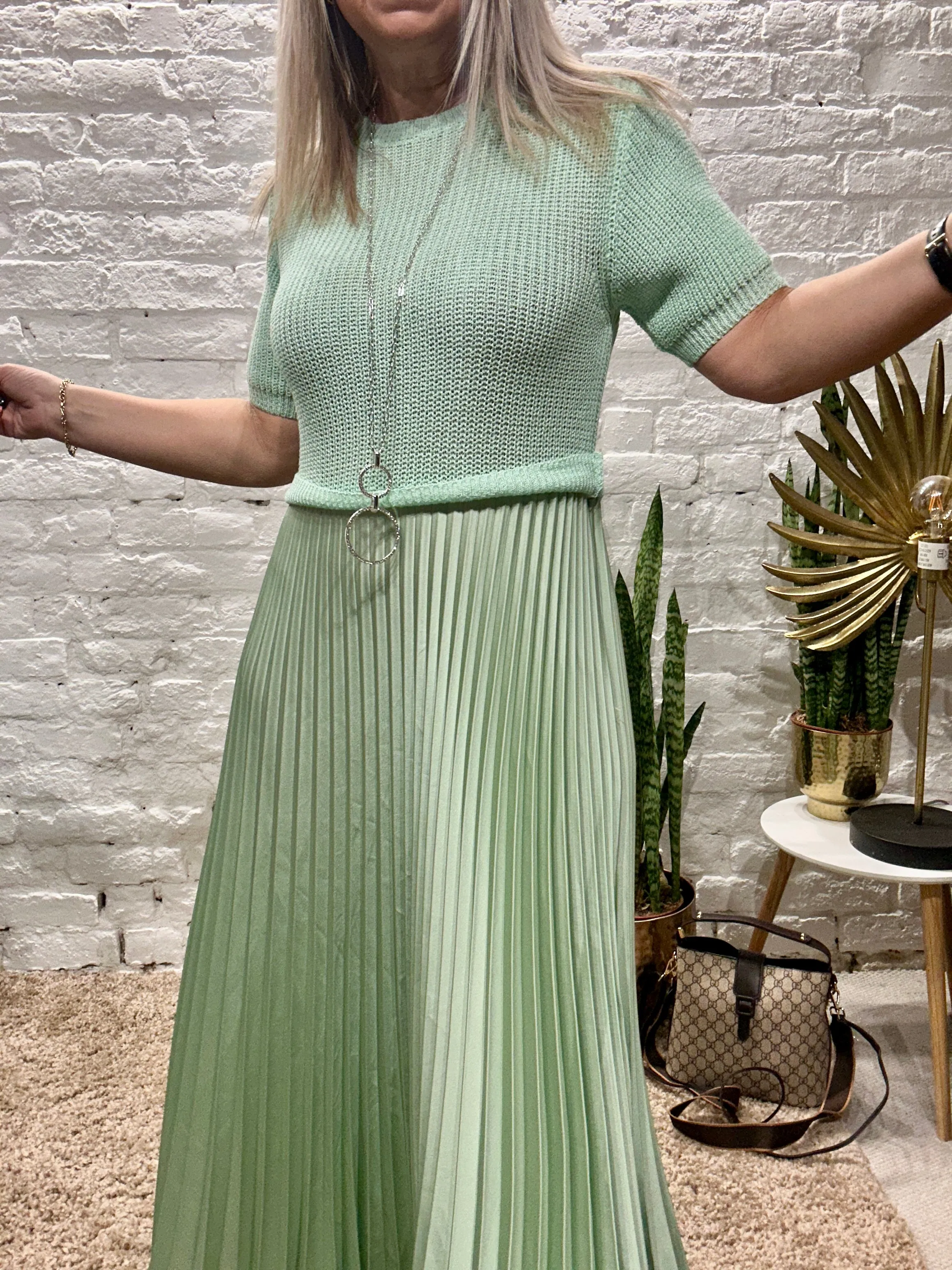 The Athena Short Sleeve Long Pleated Maxi Dress