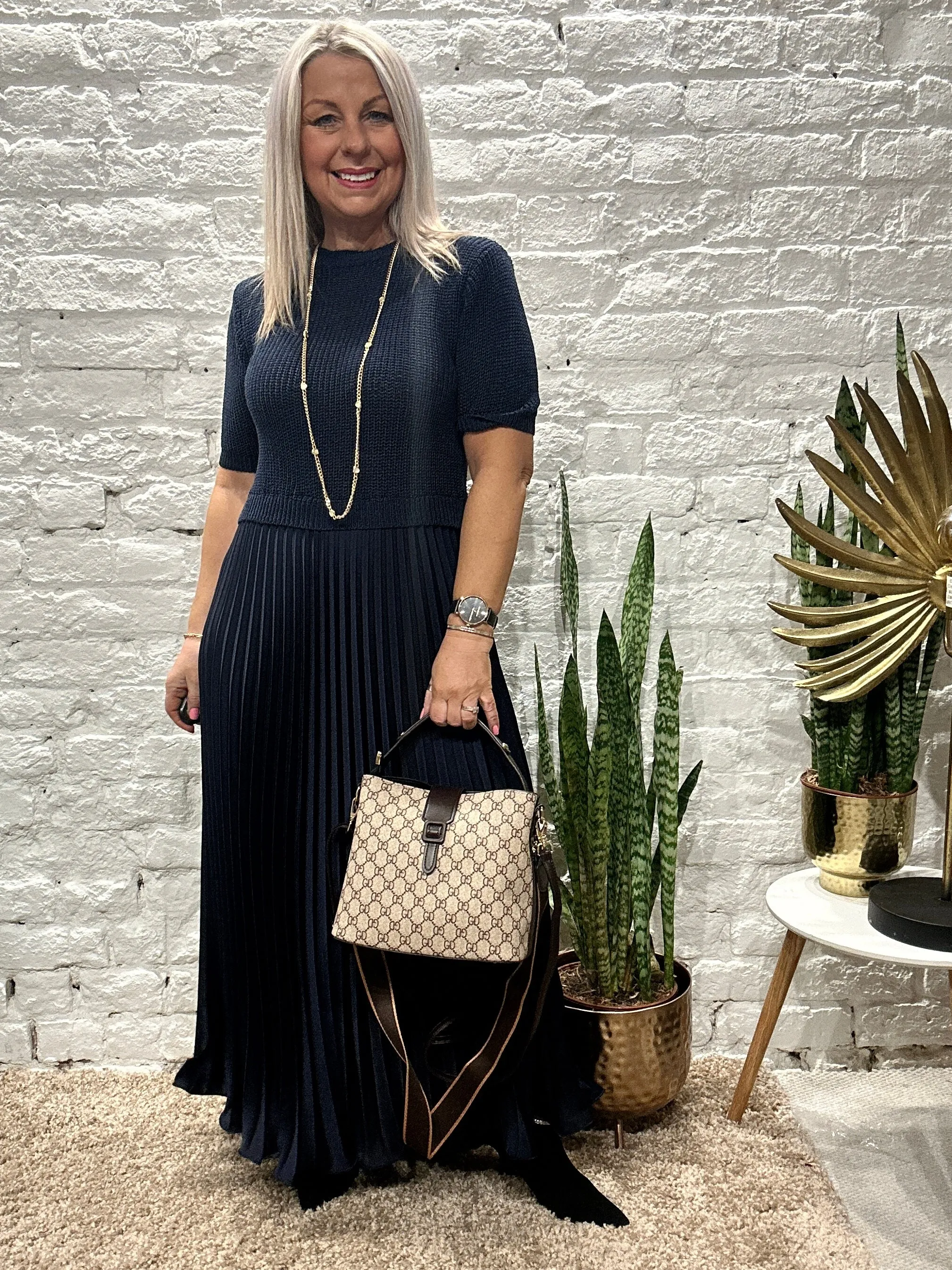 The Athena Short Sleeve Long Pleated Maxi Dress