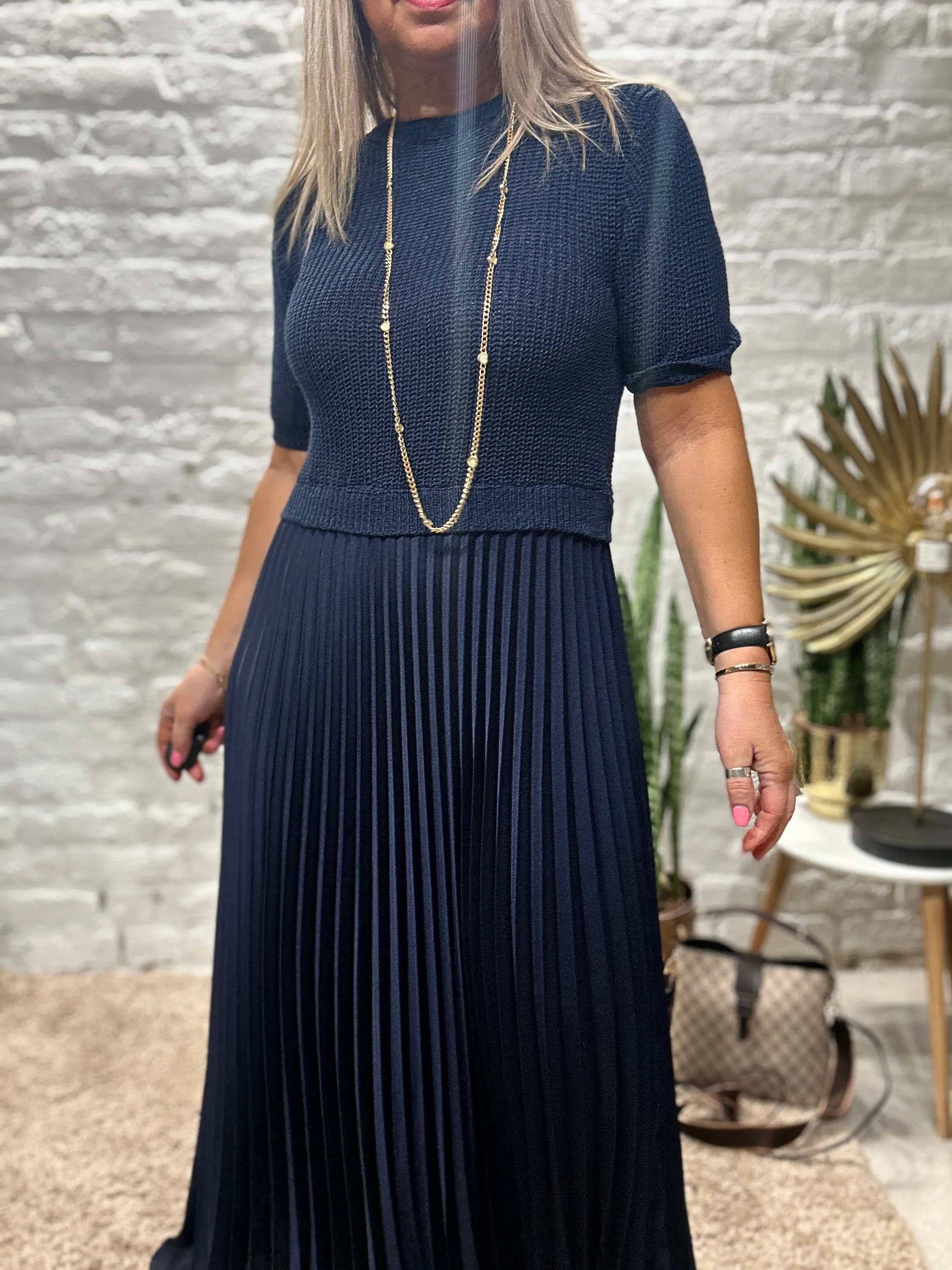 The Athena Short Sleeve Long Pleated Maxi Dress
