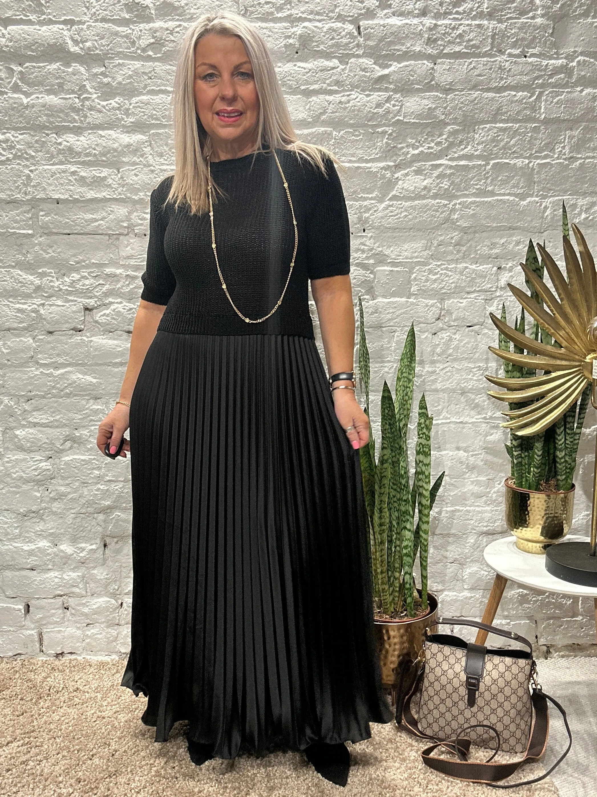 The Athena Short Sleeve Long Pleated Maxi Dress