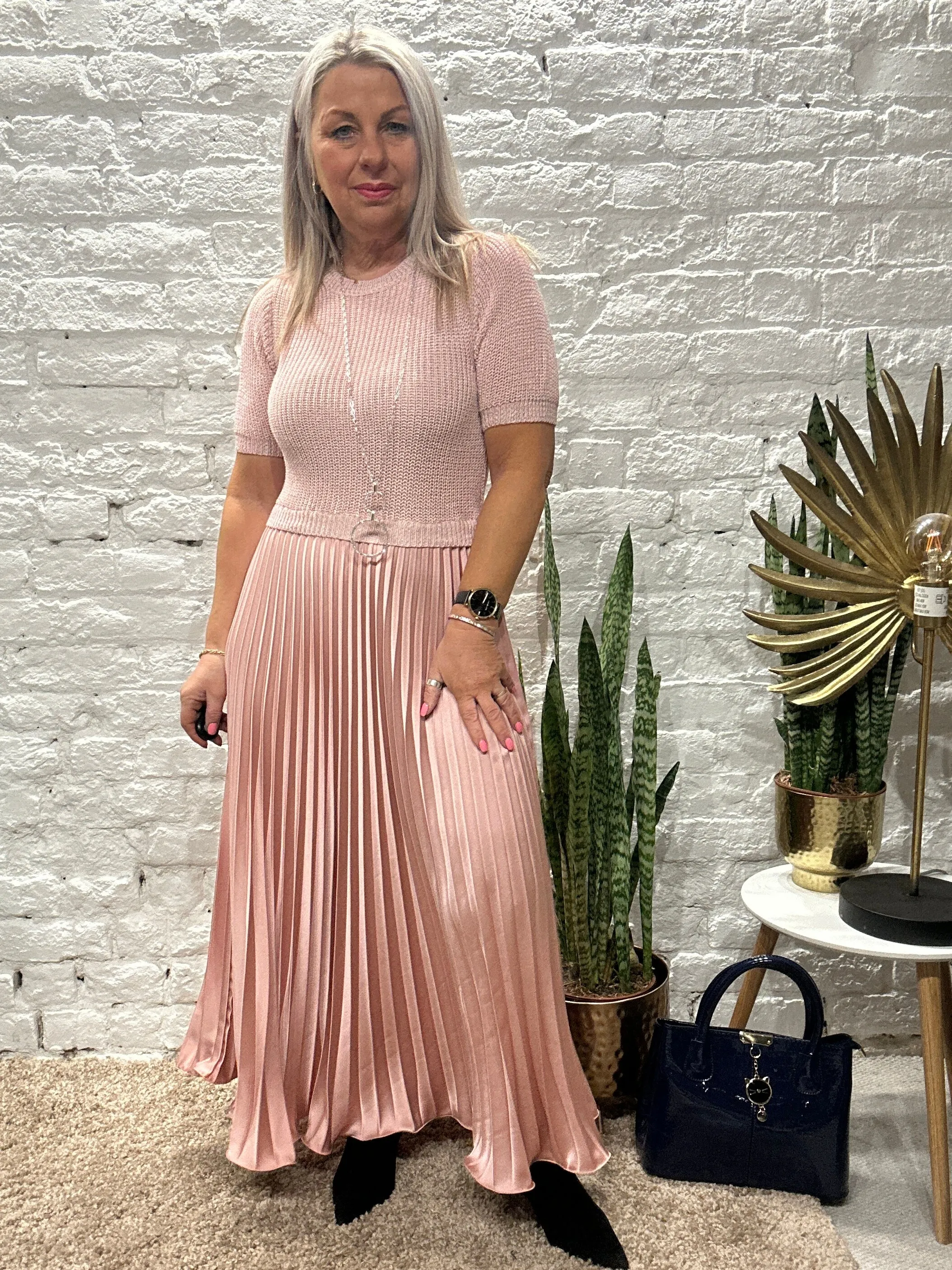 The Athena Short Sleeve Long Pleated Maxi Dress