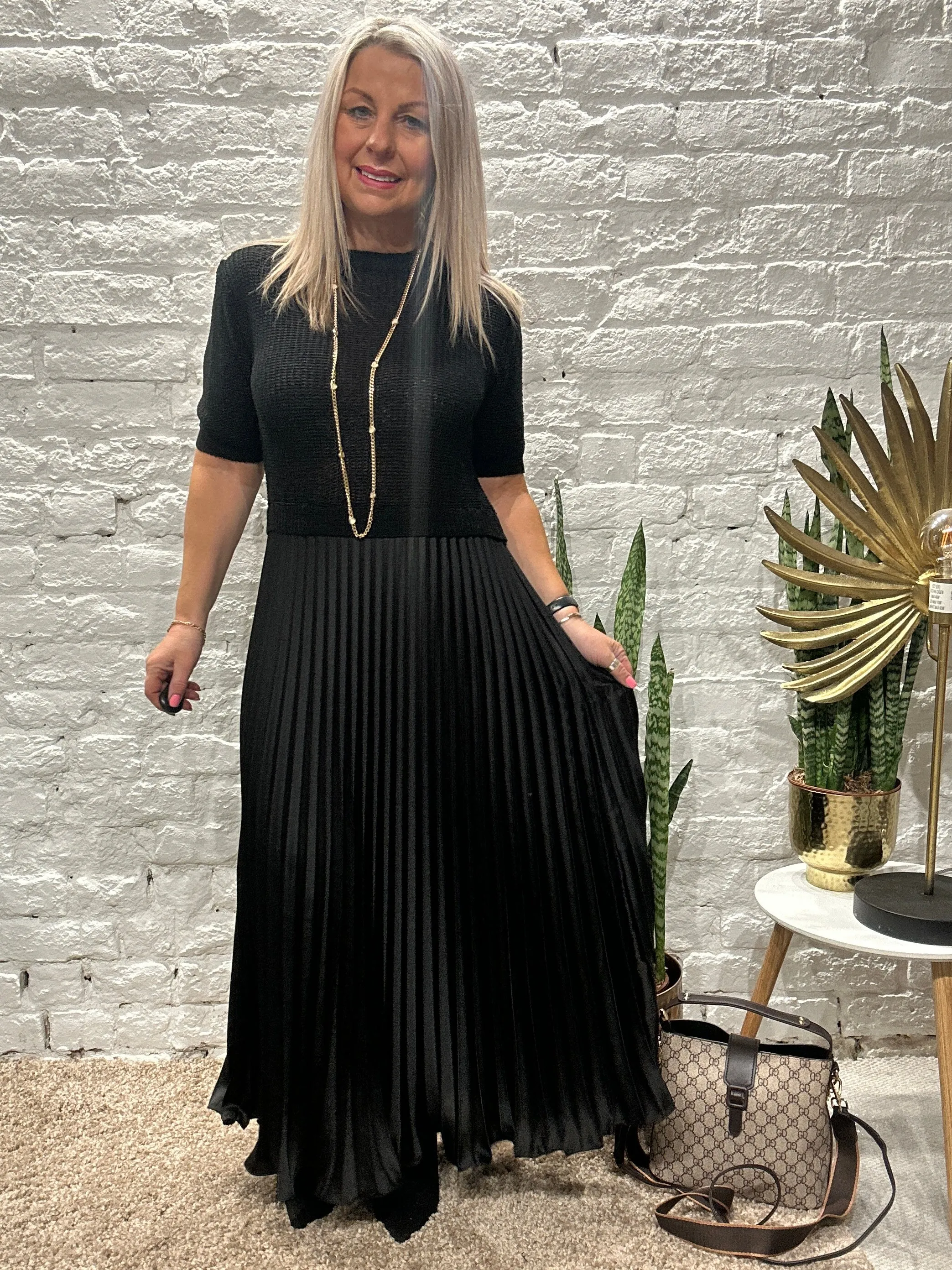 The Athena Short Sleeve Long Pleated Maxi Dress