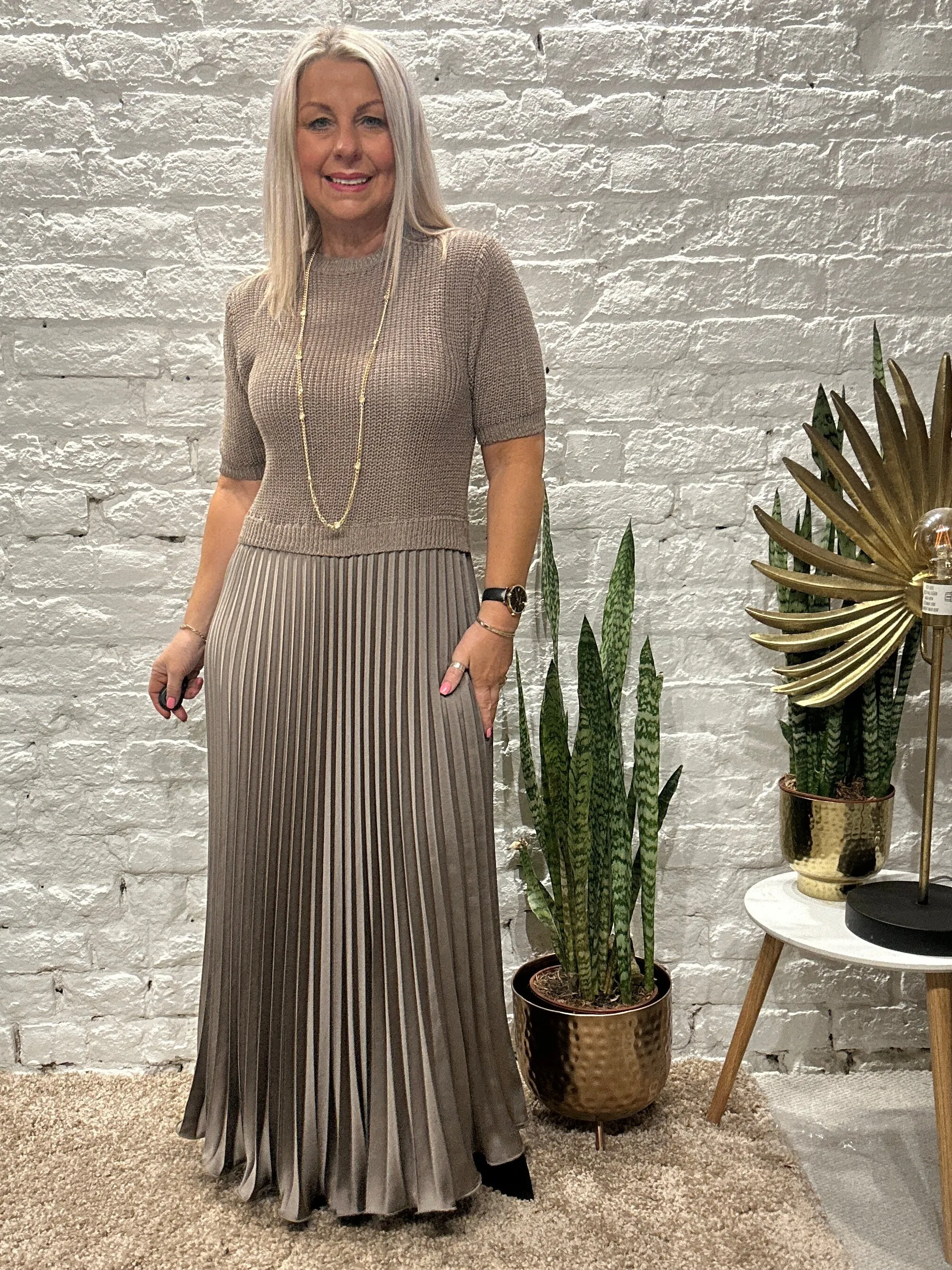 The Athena Short Sleeve Long Pleated Maxi Dress