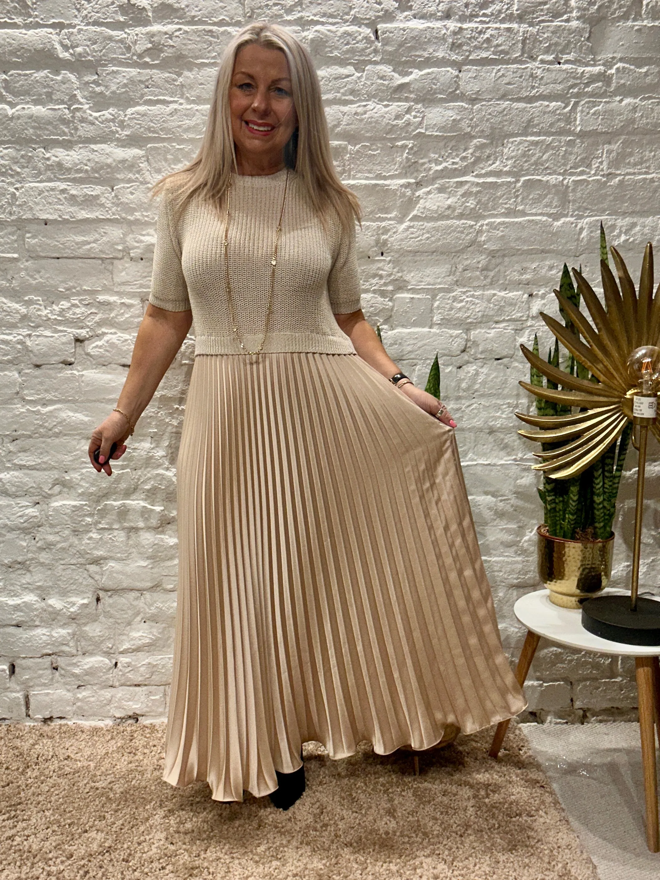 The Athena Short Sleeve Long Pleated Maxi Dress