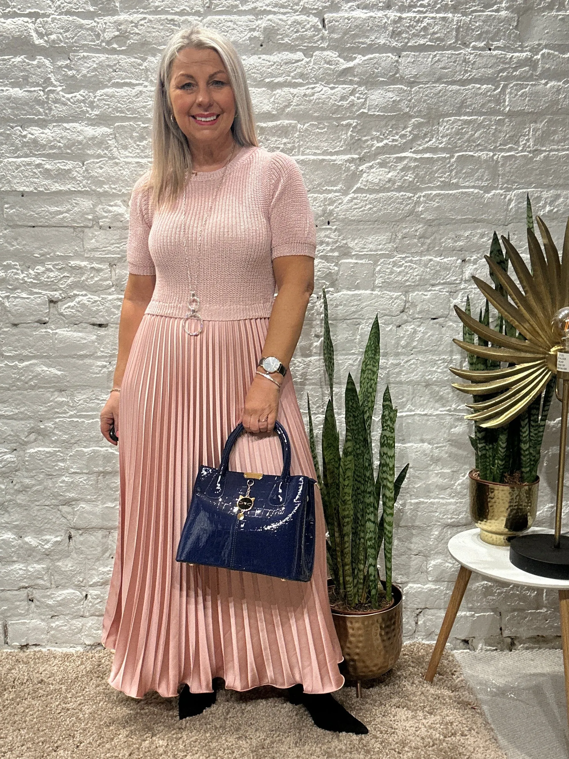 The Athena Short Sleeve Long Pleated Maxi Dress