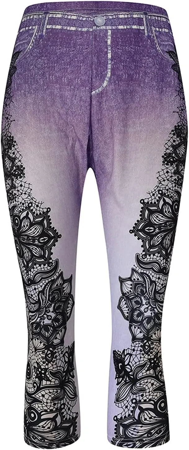 Women's Denim Leggings Lace Embroidery 3/4 Yoga Pants Stretchy Workout Capris High Waist Yoga Jeans Cropped Trousers