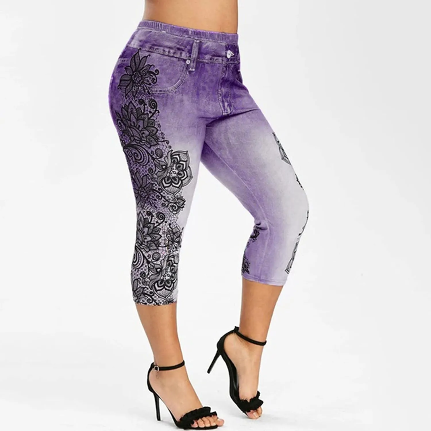 Women's Denim Leggings Lace Embroidery 3/4 Yoga Pants Stretchy Workout Capris High Waist Yoga Jeans Cropped Trousers