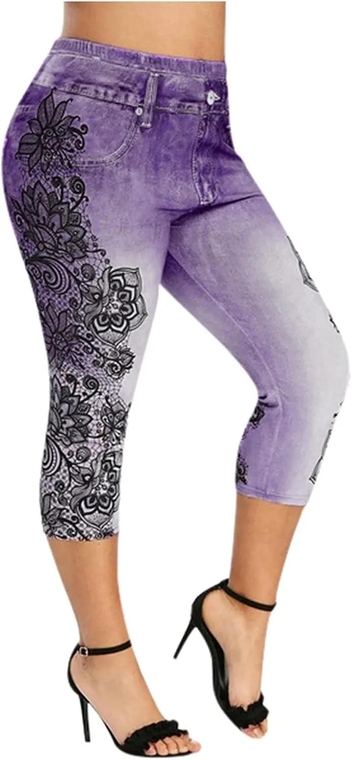 Women's Denim Leggings Lace Embroidery 3/4 Yoga Pants Stretchy Workout Capris High Waist Yoga Jeans Cropped Trousers