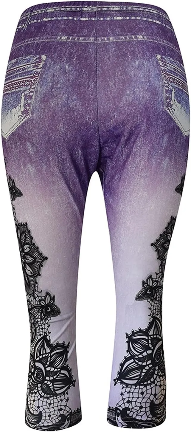 Women's Denim Leggings Lace Embroidery 3/4 Yoga Pants Stretchy Workout Capris High Waist Yoga Jeans Cropped Trousers