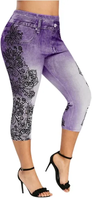 Women's Denim Leggings Lace Embroidery 3/4 Yoga Pants Stretchy Workout Capris High Waist Yoga Jeans Cropped Trousers